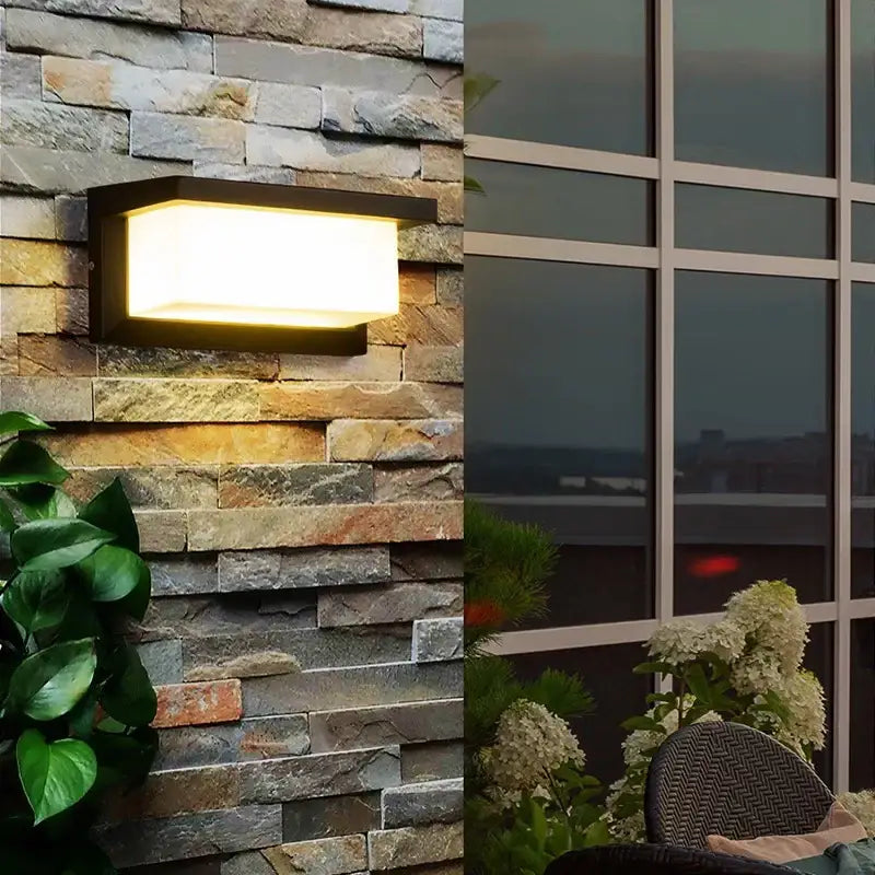 Modern black rectangular wall lamp with warm white LED radar induction panel by DecorBites for hotel garden and balcony lighting