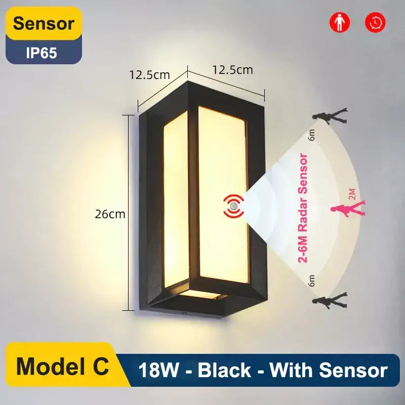 Black rectangular decorbites led radar wall lamp with 2 meter radar induction sensor and ip65 rating for outdoor use