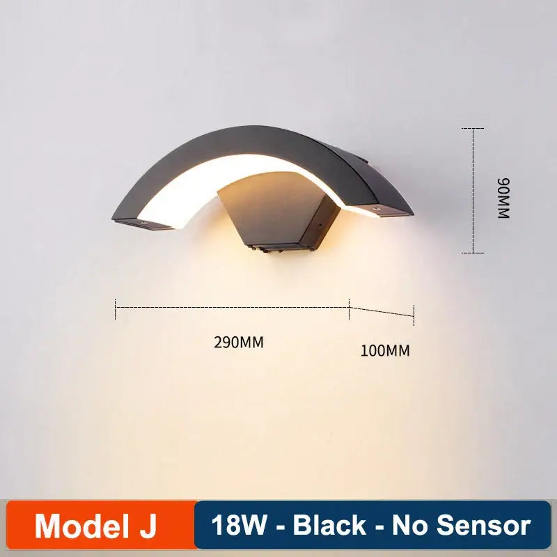 Black curved wall lamp featuring decorbites led radar induction design for modern hotel garden and balcony lighting