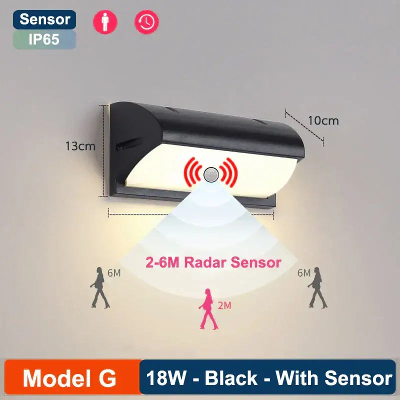 Black decorbites led radar induction wall lamp with sleek curved design ip65 waterproof for hotel garden balcony