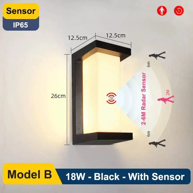 Black rectangular wall lamp with 18w power and ip65 led radar induction sensor decorbites led radar for outdoor use