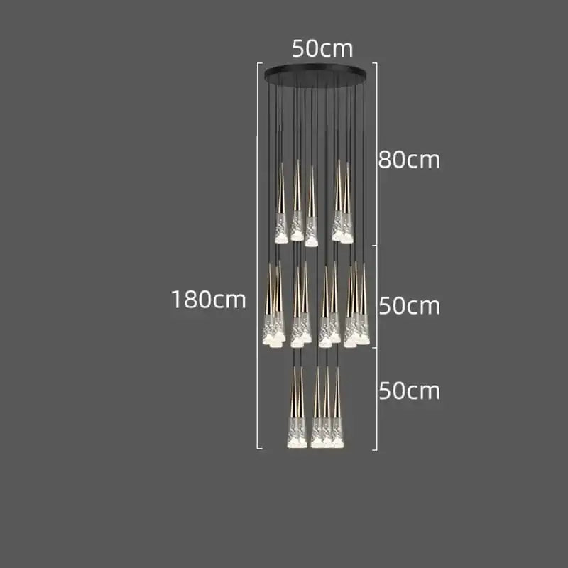 Modern black circular DecorBites LED Rain drop chandelier with 12 crystal pendant lights cascading for staircase lighting