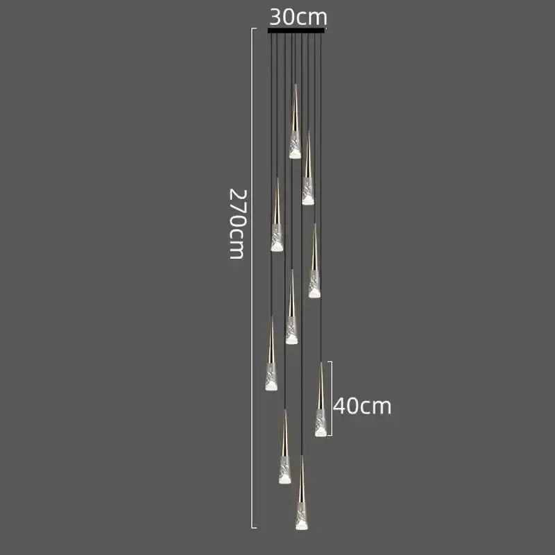 Modern minimalist decorbites led rain drop chandelier with tapered glass shades and black ceiling mount for staircase lighting