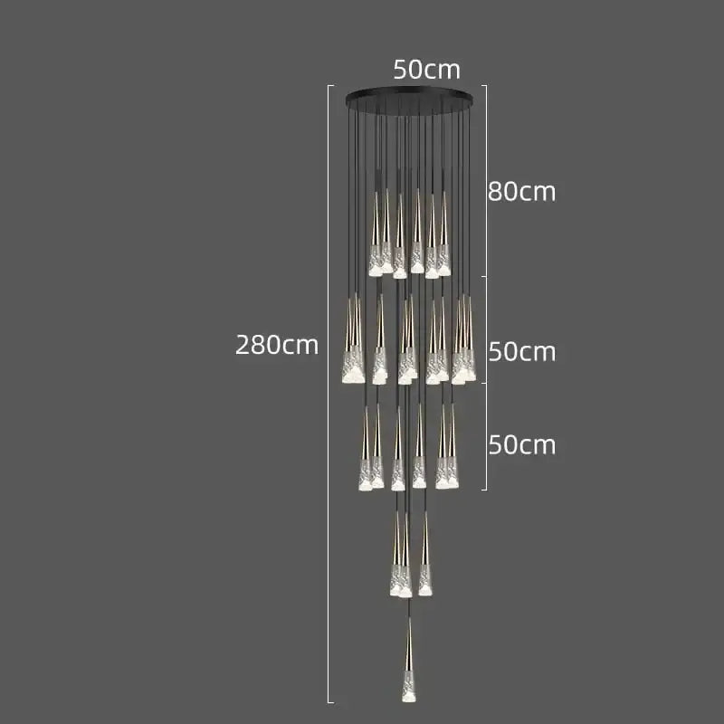 Modern black circular DecorBites LED rain drop chandelier with metallic rods and clear crystal pendant lights for staircase