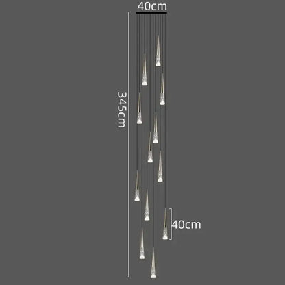 Modern minimalist decorbites led rain drop pendant light with crystal glass droplets on a sleek black frame for staircase