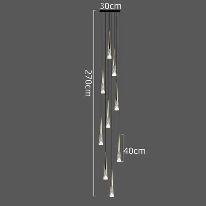 Modern minimalist DecorBites LED Rain drop pendant light with slender glass shades and black ceiling mount for staircase