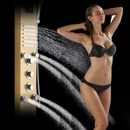 Gold-toned decorbites led rain shower panel tower with multiple spray nozzles chrome knobs and digital screen