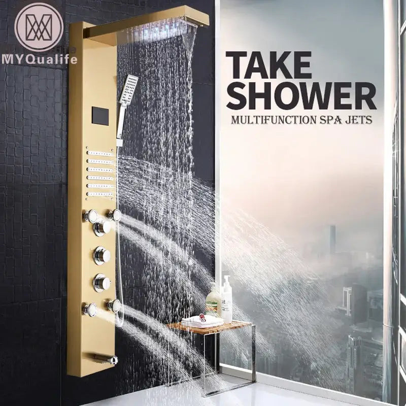 Gold-finished decorbites led rain shower column tower with multifunction spa jets and digital control knobs for luxury rain shower