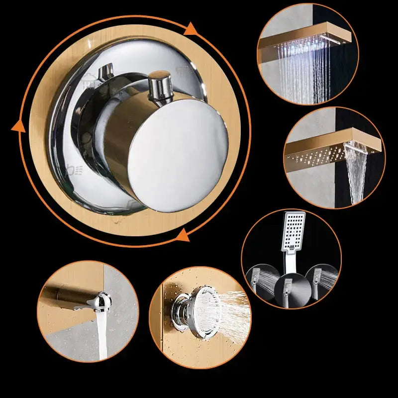 Chrome-finished DecorBites™ LED rain shower column tower with digital screen multiple spray options and massage jets
