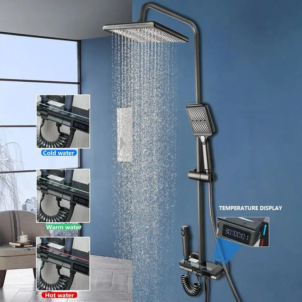 Modern matte black DecorBites™ rain shower set with square rainhead, handheld spray, and digital temperature display