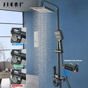 Black matte jienai rain shower set with LED temperature display and handheld attachment in the DecorBites shower set