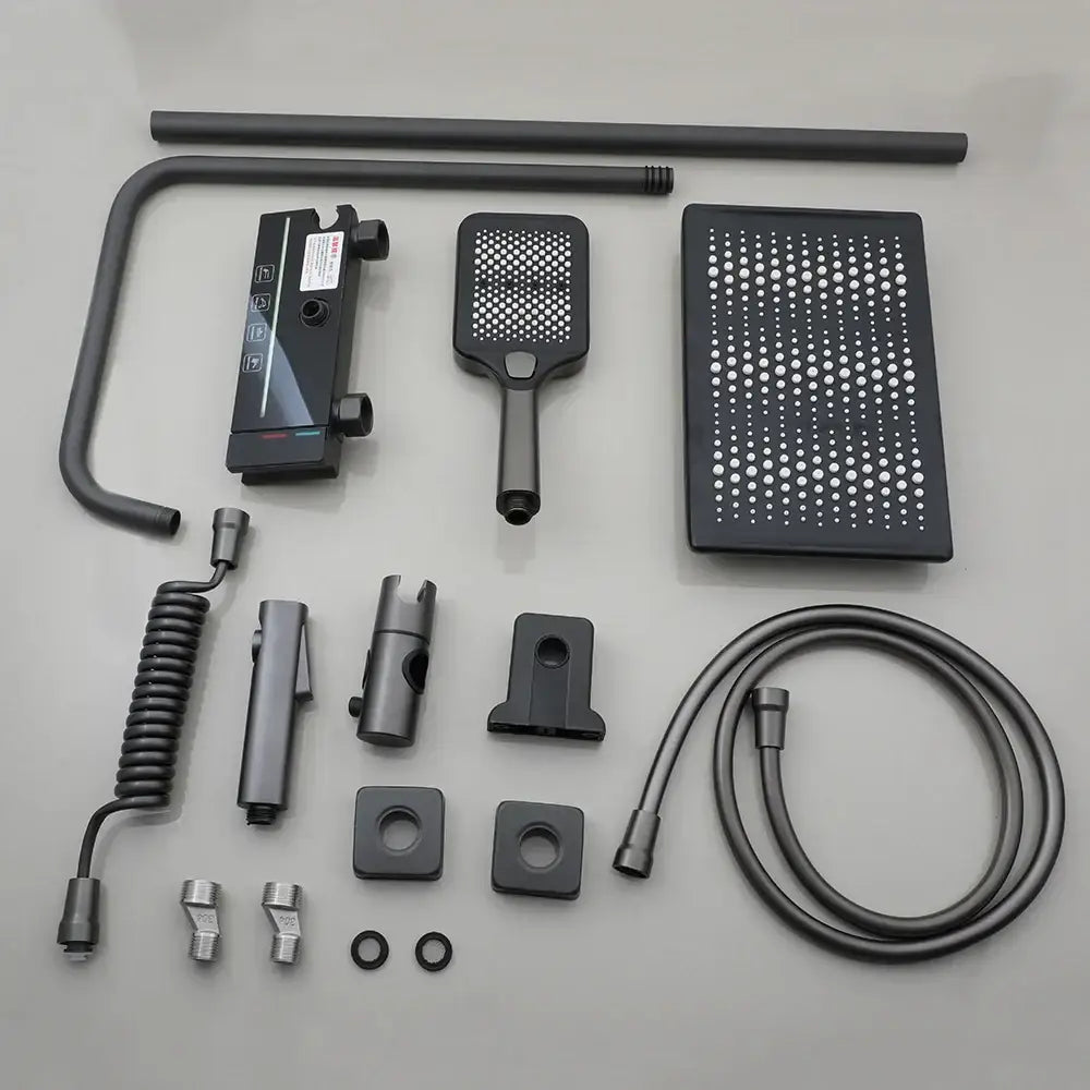 Black matte finish DecorBites™ LED rain shower set with digital display handheld spray and coiled hose shower set