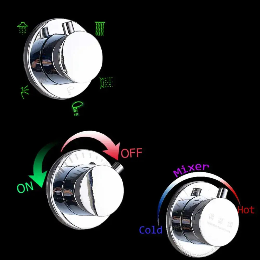 Chrome finished shower mixer valve with rotating dial for temperature and spray control in decorbites led rain shower system