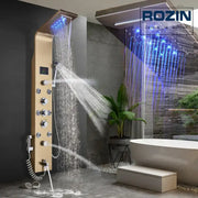 Gold-finished decorbites led rain shower system with multiple spray settings and blue led lighting for luxury bathrooms