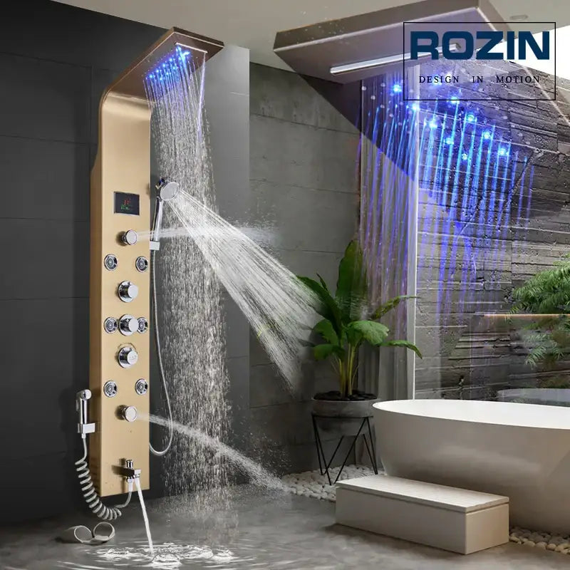 Brass-finished decorbites led rain rectangular rainfall showerhead with blue led lights and waterfall stream design