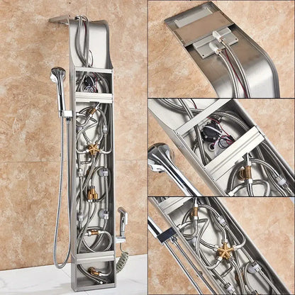 Modern stainless steel decorbites led rain shower system with swivel massage jet bidet sprayer and visible plumbing components