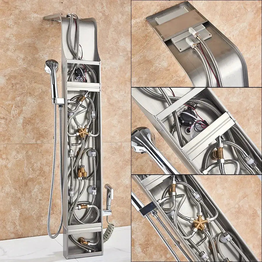 Modern stainless steel decorbites led rain shower system with swivel massage jet bidet sprayer and visible plumbing components