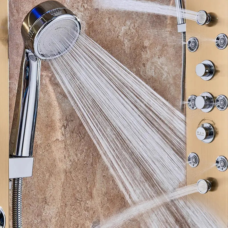 Chrome-finished handheld showerhead with multiple spray settings mounted on tiled wall in decorbites led rain shower system