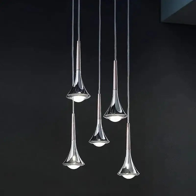 Decorbites led rain staircase chandelier with modern chrome trumpet fixtures and warm led bulbs for indoor lighting