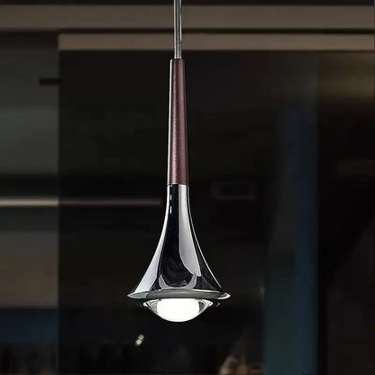 Modern chrome decorbites led rain pendant light with trumpet shape and dark brown accent for indoor staircase chandelier
