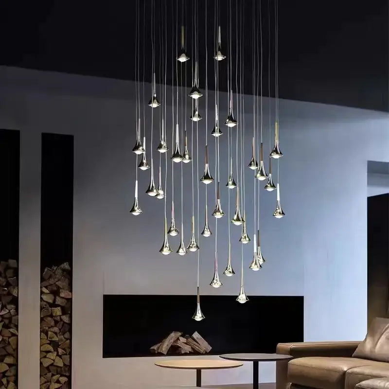 Modern chrome-finished decorbites led rain staircase chandelier with slender cascading light droplets for indoor bar island