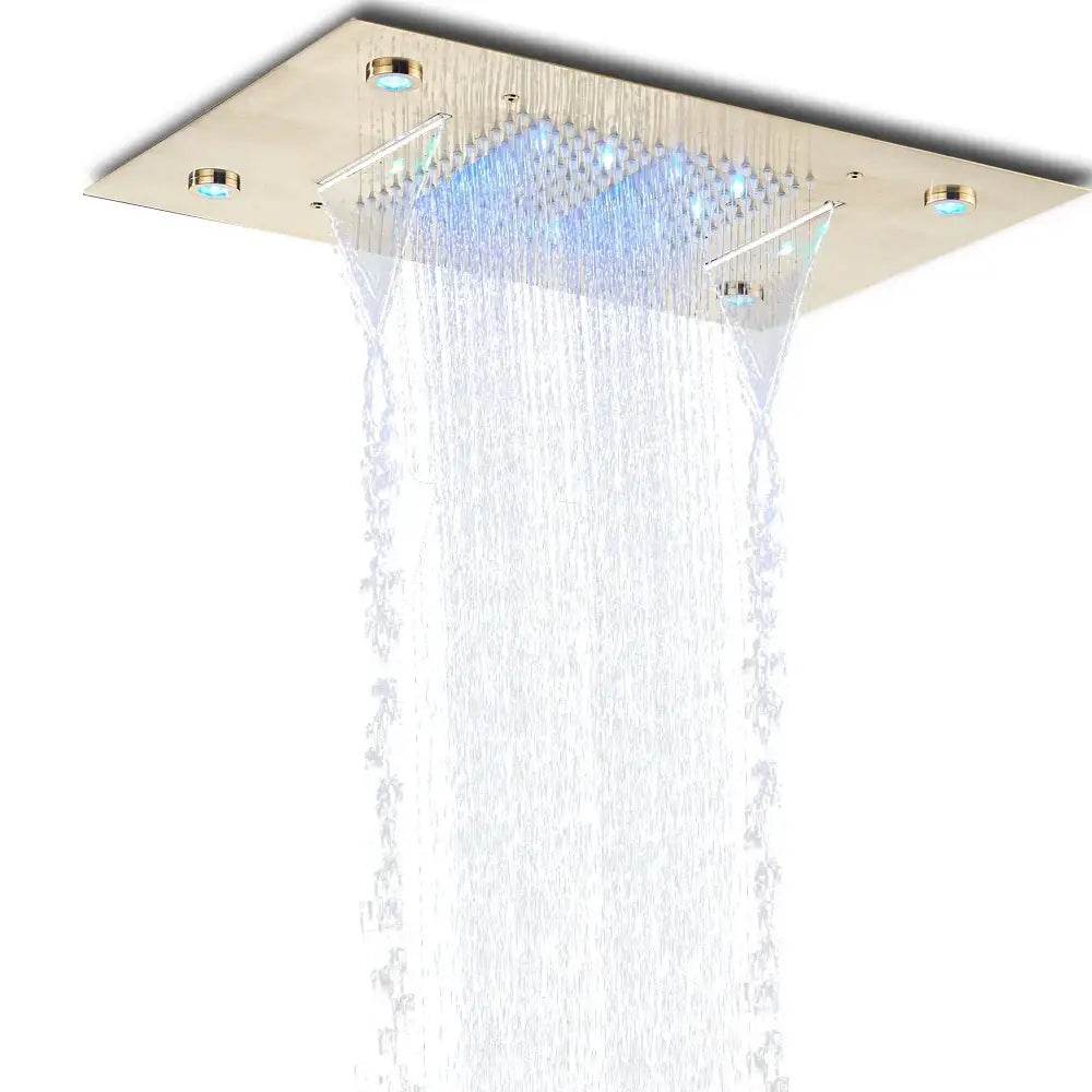 Modern brushed nickel DecorBites shower head with blue LED lighting and dual waterfall streams rain waterfall design