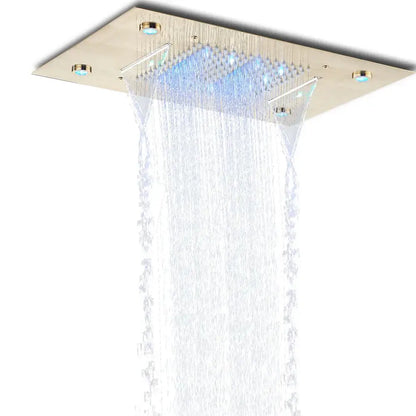 Modern brushed nickel DecorBites shower head with blue LED lighting and dual waterfall streams rain waterfall design