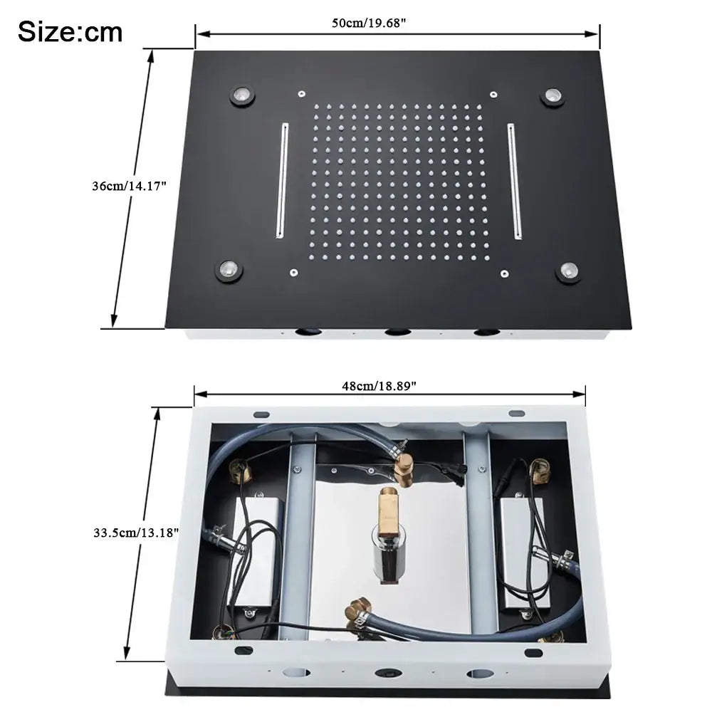 Black rectangular metal shower head panel with small spray nozzles and two flow channels for rain waterfall shower