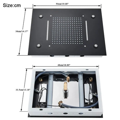 Black rectangular metal shower head panel with small spray nozzles and two flow channels for rain waterfall shower