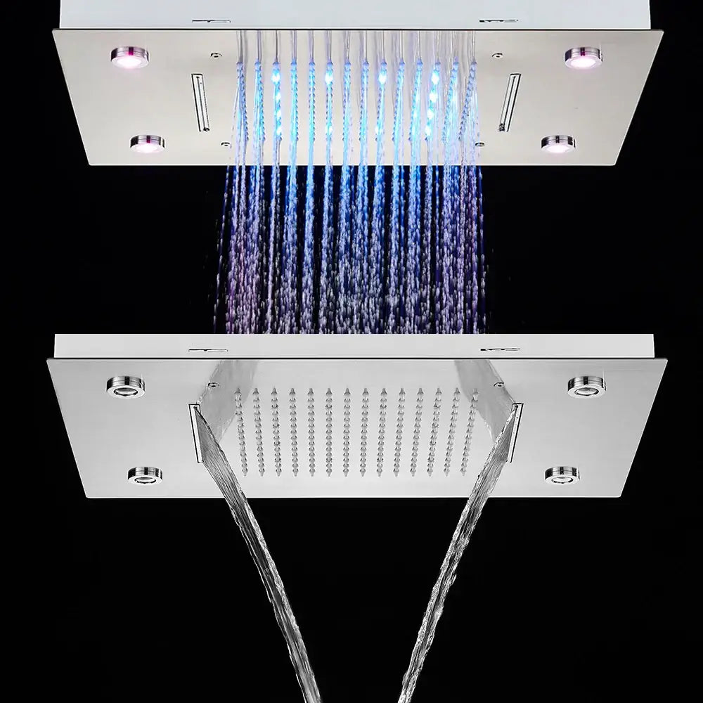 Modern chrome-finished DecorBites™ rain waterfall shower head with led lighting and dual spray patterns 50x35cm square