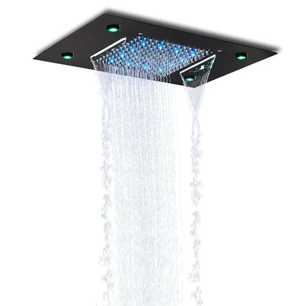 Decorbites™ black square rain waterfall shower head with blue and green LED lights and remote control, 50 by 35 cm