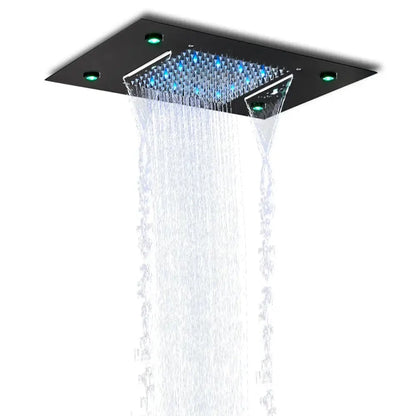 Decorbites™ black square rain waterfall shower head with blue and green LED lights and remote control, 50 by 35 cm