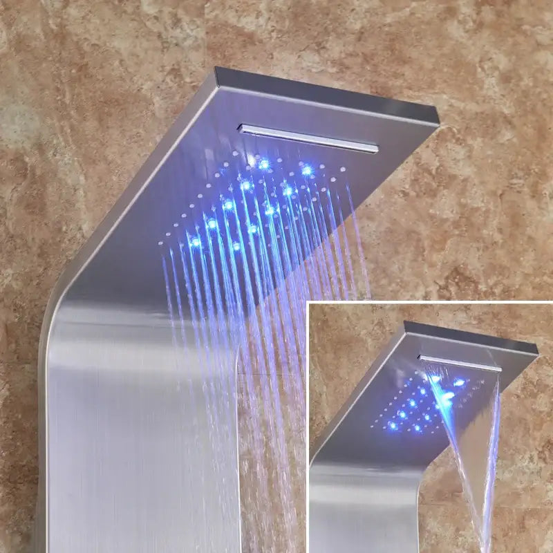 Modern brushed stainless steel decorbites led rain shower panel with blue led lighting and waterfall design