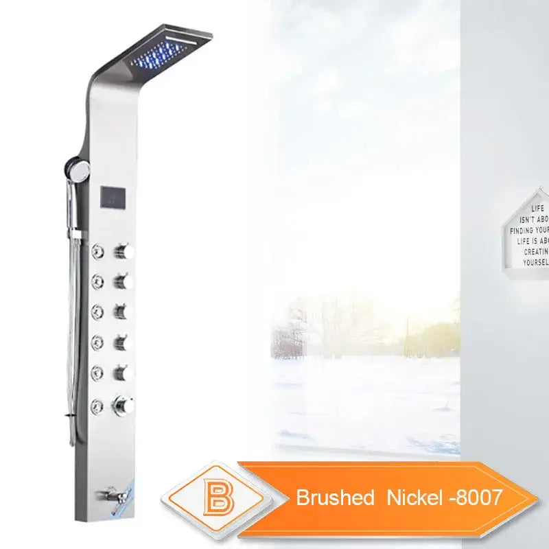 Brushed nickel decorbites led rain waterfall shower panel with rectangular rainhead and multiple control knobs