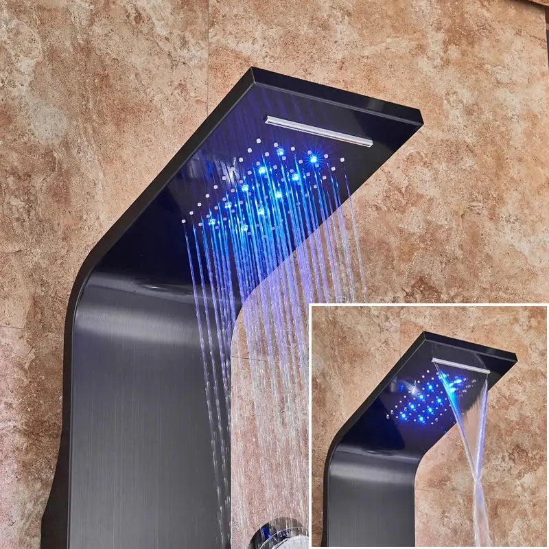 Black matte DecorBites LED rain waterfall shower panel with integrated blue led rain waterfall lighting and massage jets