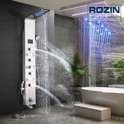 Silver Rozin brand DecorBites LED rain waterfall shower panel with multiple spray settings and blue LED lighting
