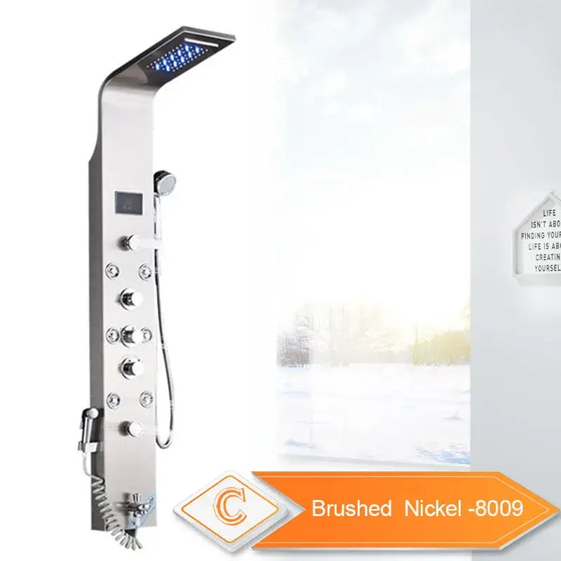 Brushed nickel decorbites led rain waterfall shower panel with rectangular rainhead multiple knobs and handheld sprayer