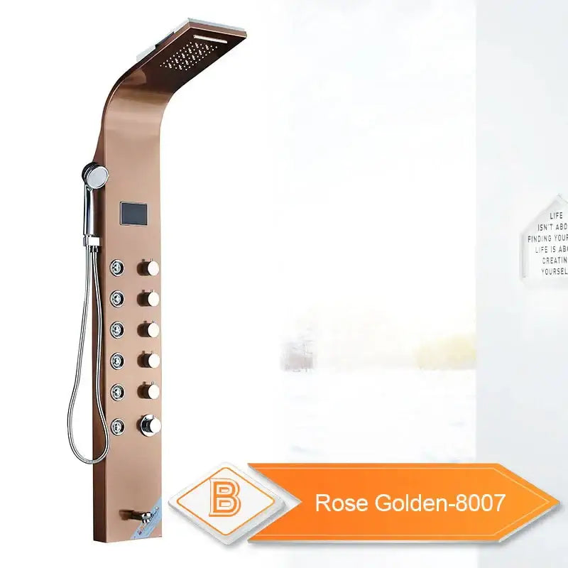 Rose gold-finished decorbites led rain waterfall shower panel with sleek curved design and multiple control knobs