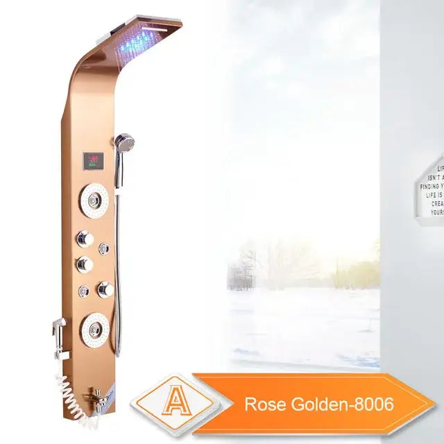 Rose gold DecorBites LED Rain waterfall shower panel with multiple spray settings digital display and massage jets