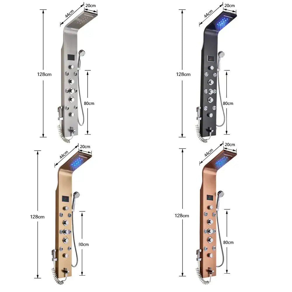 DecorBites™ LED rain waterfall shower panel with massage jets, multiple spray settings, and metallic silver finish