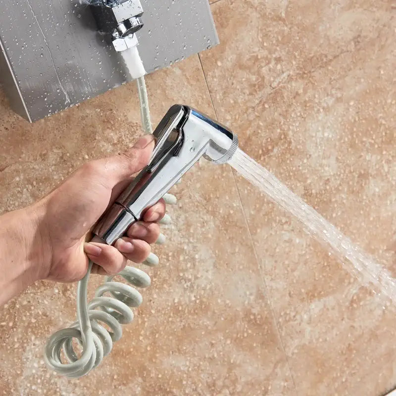 Chrome-finished handheld shower nozzle with coiled gray hose for decorbites led rain waterfall shower panel bidet sprayer