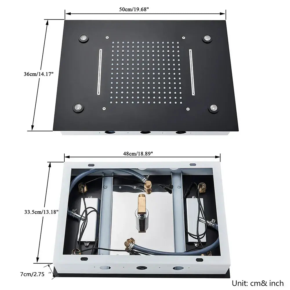 Black rectangular DecorBites™ LED rainfall shower head with grid jets and dual rain slots mounted on white metal frame