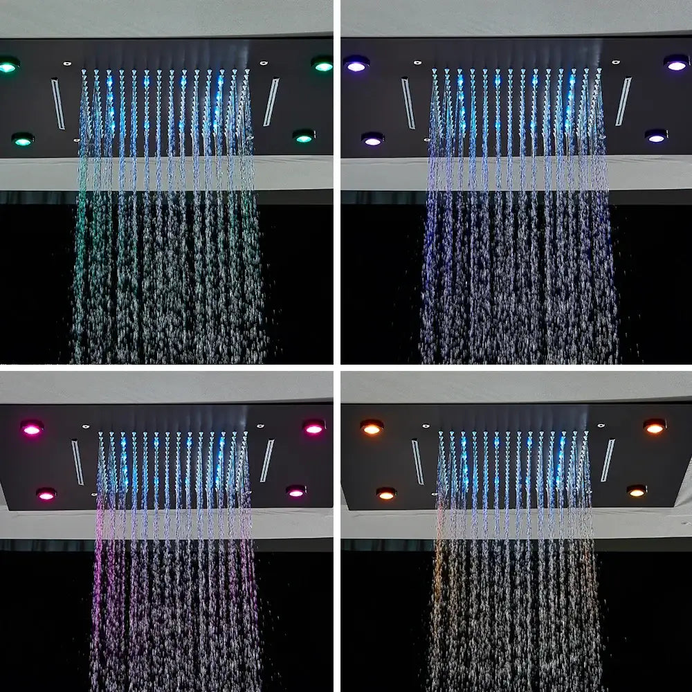 DecorBites™ led rainfall shower head ceiling mount in sleek black with multiple color settings for modern bathroom use