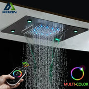 DecorBites™ sleek metallic rectangular ceiling-mounted rainfall shower head with integrated multi-color led rainfall shower lighting