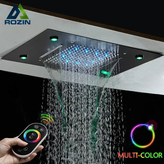 DecorBites™ sleek metallic rectangular ceiling-mounted rainfall shower head with integrated multi-color led rainfall shower lighting