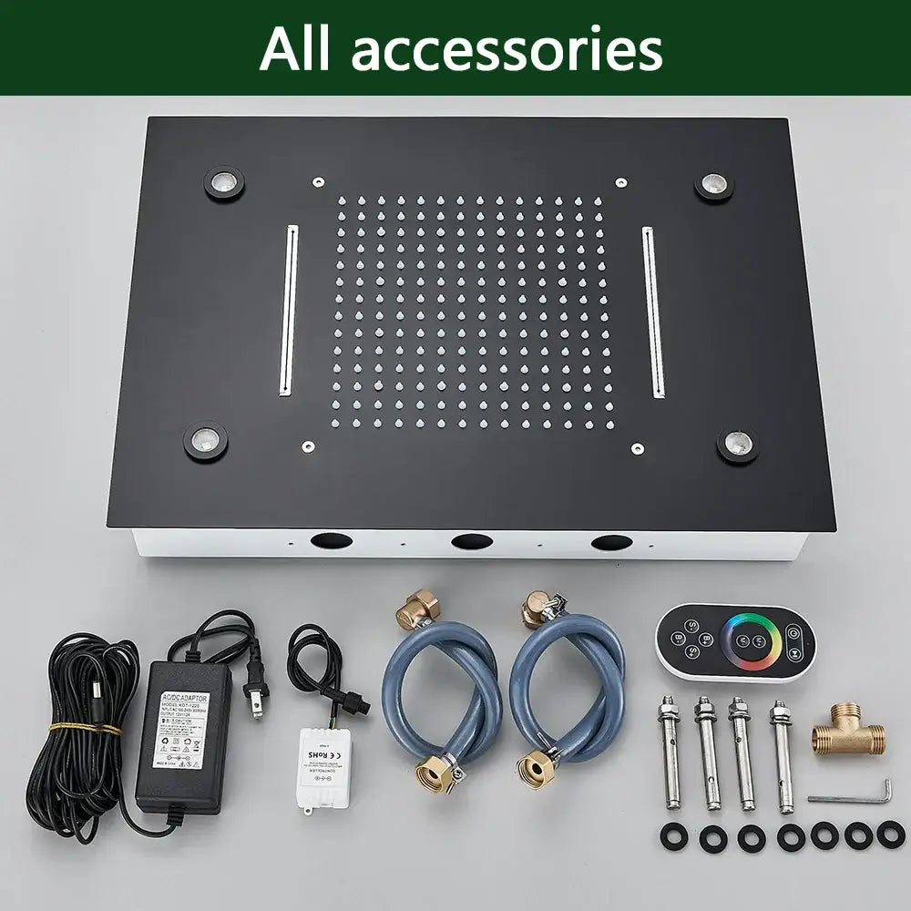 Black rectangular led rainfall shower head panel with water nozzles and rgb remote for bathroom shower by decorbites