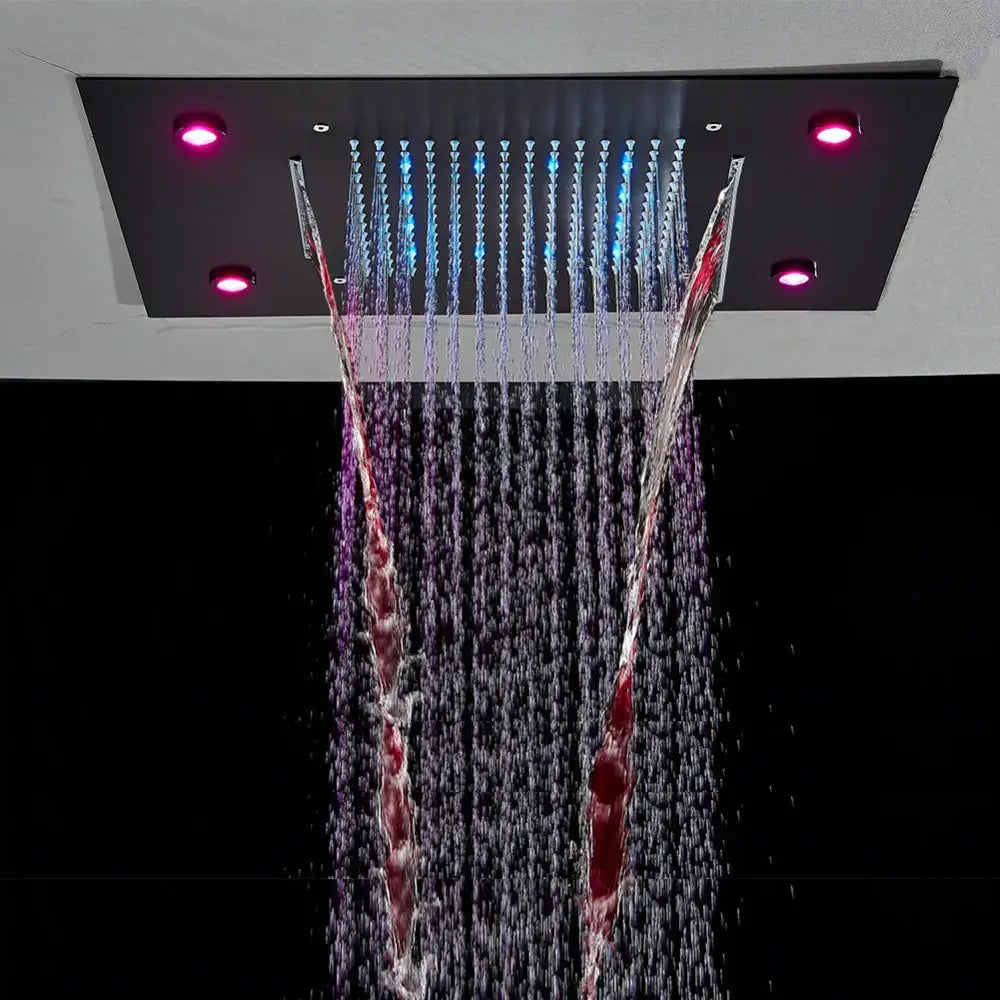 Modern black rectangular decorbites™ led rainfall shower head with multiple jets and red blue led lights ceiling mount