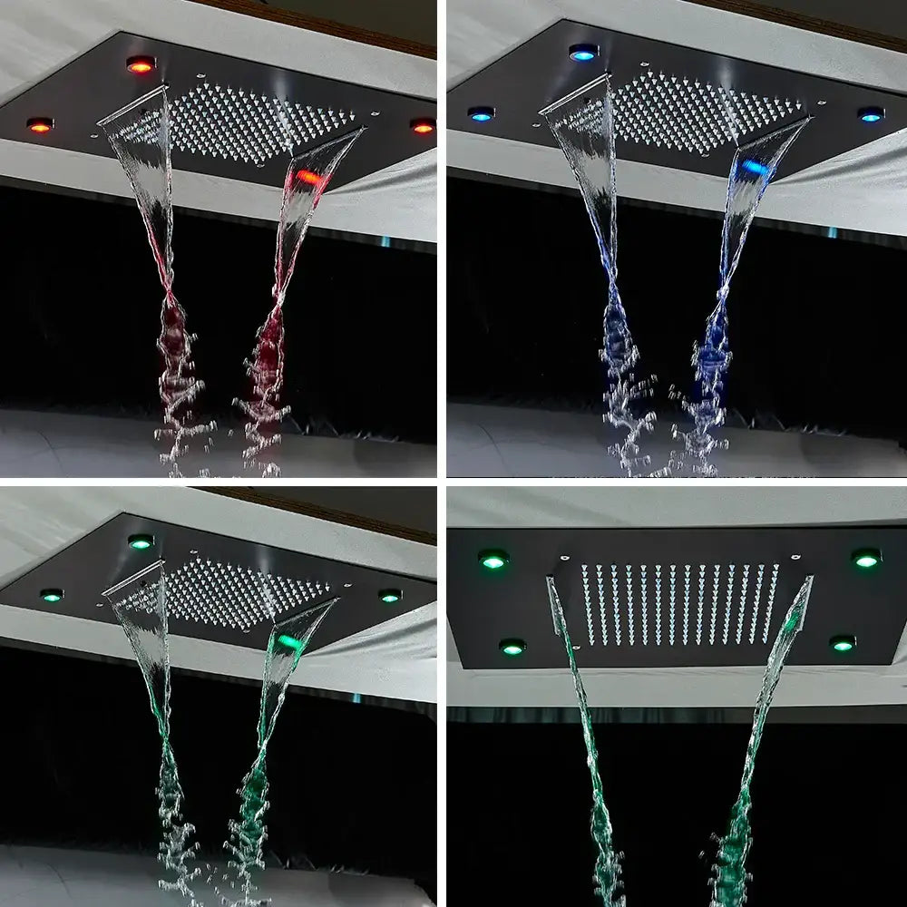 Modern chrome finished DecorBites™ led rainfall shower head with cascading waterfall streams and multicolor led lighting