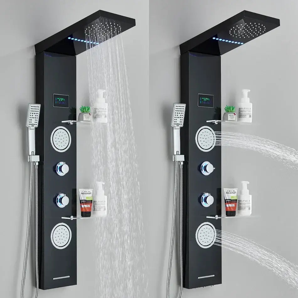 Black modern DecorBites™ LED rainfall shower panel with multiple spray heads and temperature screen for enhanced shower experience