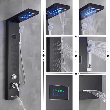 Black modern DecorBites led rainfall shower panel with temperature screen multiple spray settings and hand sprayer